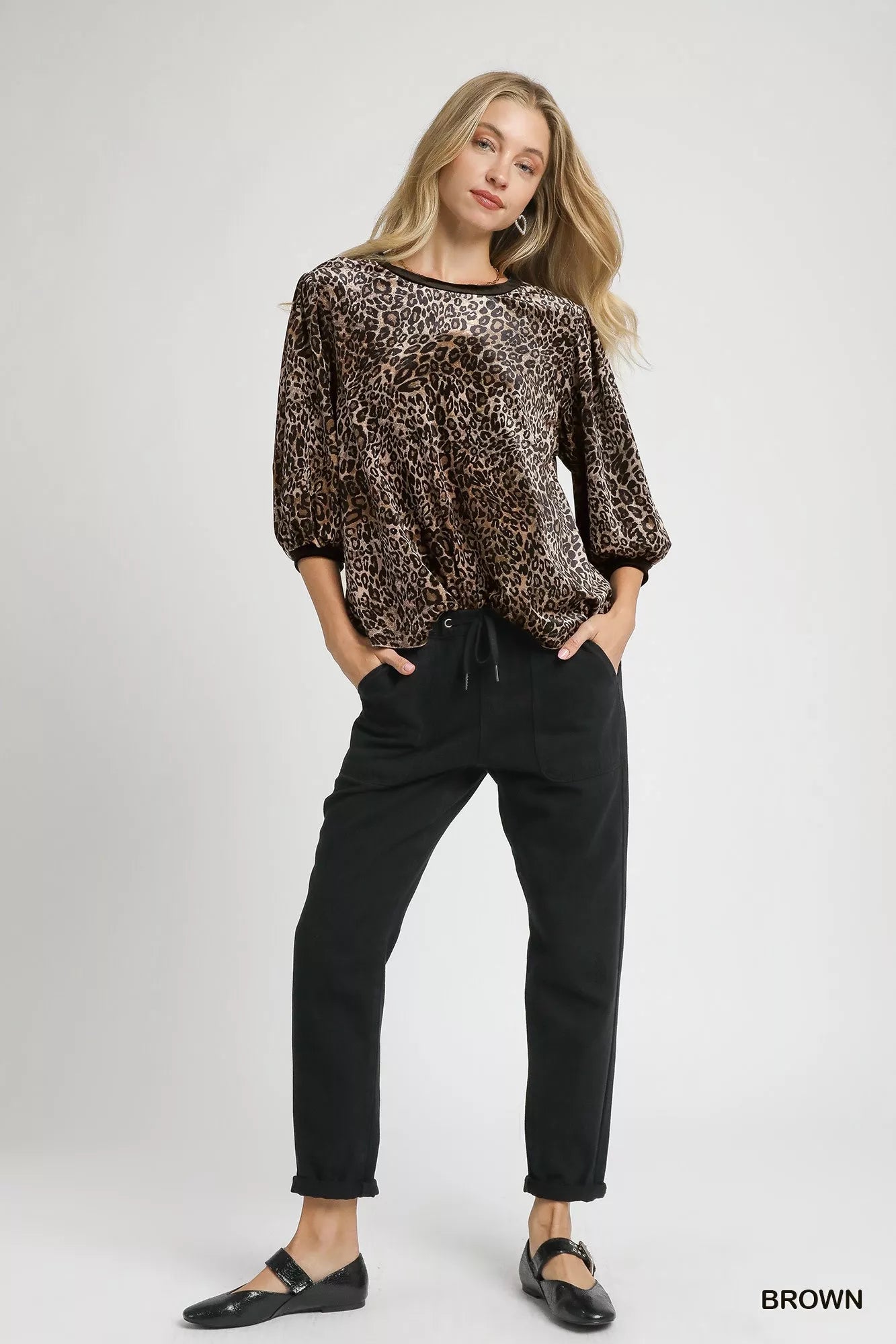 Umgee Leopard Round Neck Three-Quarter Sleeve Blouse Trendsi