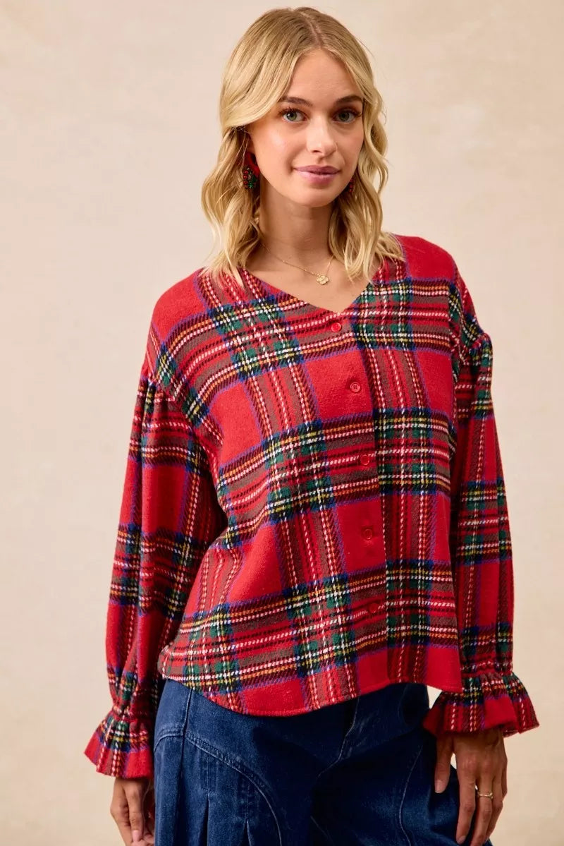 BiBi Christmas Plaid V-Neck Flounce Sleeve Jacket Trendsi