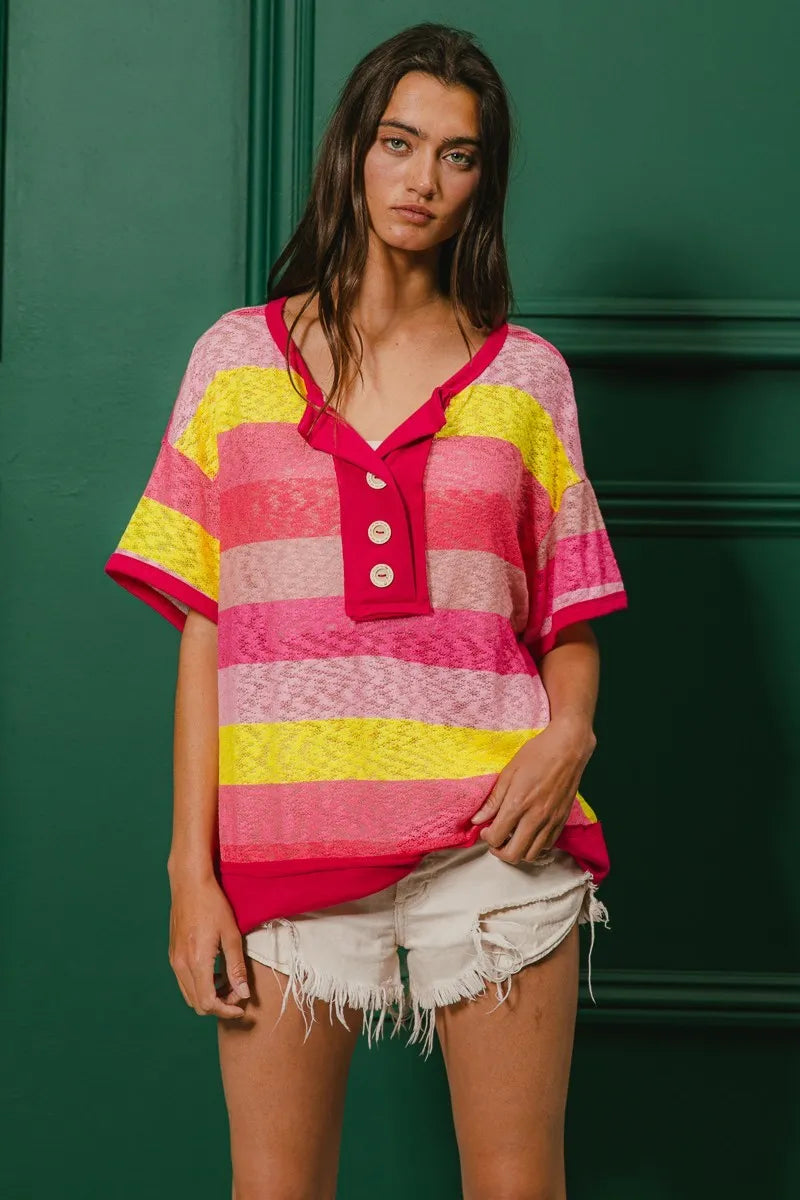 BiBi Multi Color Stripe Hacci Button Detail Ringer Top OutfitFlow