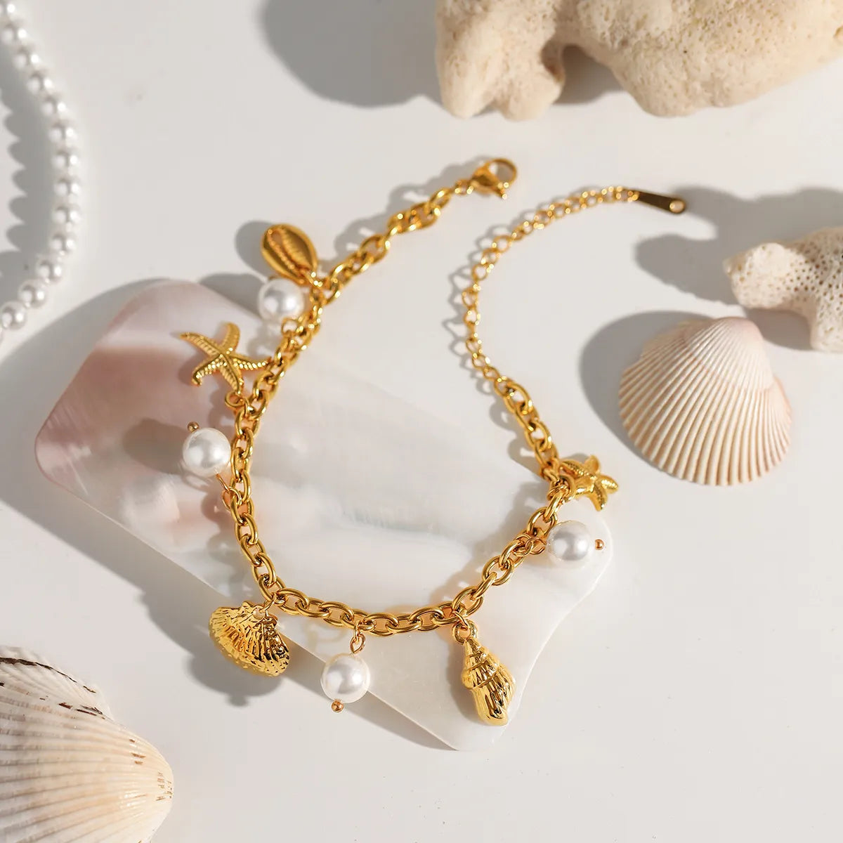 Ocean Theme Stainless Steel Chain Bracelet with Seashell and Starfish Pendants OutfitFlow