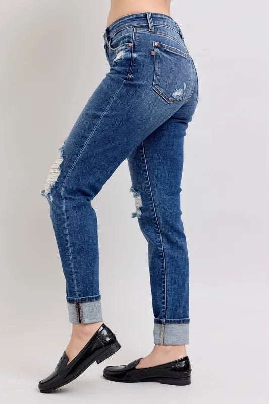 Judy Blue Full Size Midi Rise Boyfriend destroy Jeans with Yoke Pockets and Faux Selvedge Cuff Plus Size OutfitFlow