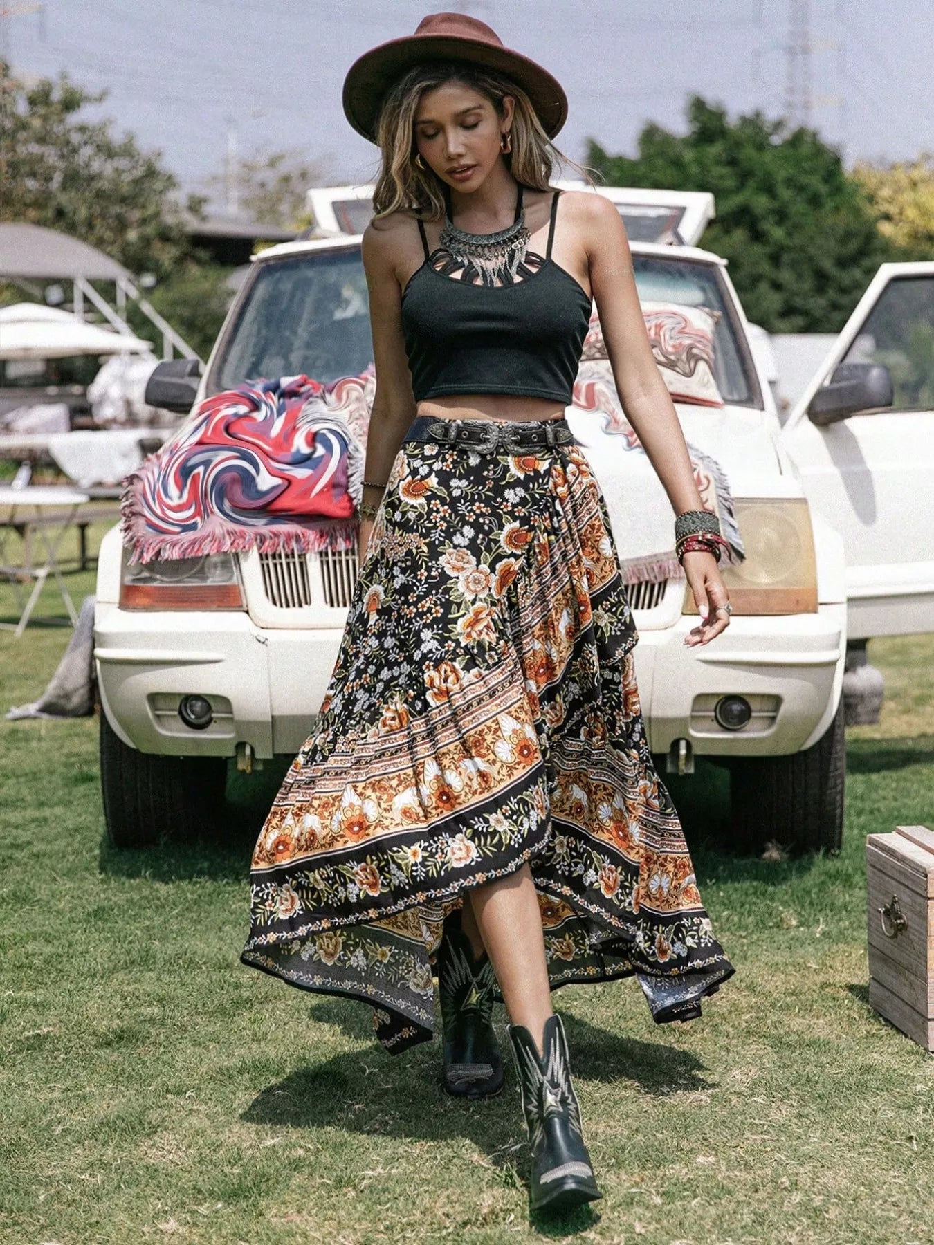 Plus Size Boho Floral Print High-Low Skirt OutfitFlow