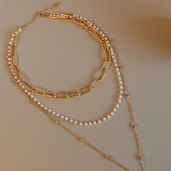 Synthetic Pearl Titanium Steel Three-Layered Necklace OutfitFlow
