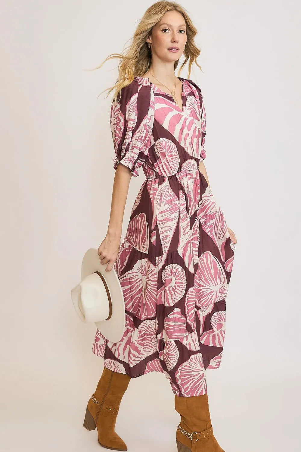 Umgee Full Size Printed Notched Puff Sleeve Midi Dress Plus Size OutfitFlow
