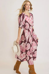 Umgee Full Size Printed Notched Puff Sleeve Midi Dress Plus Size OutfitFlow