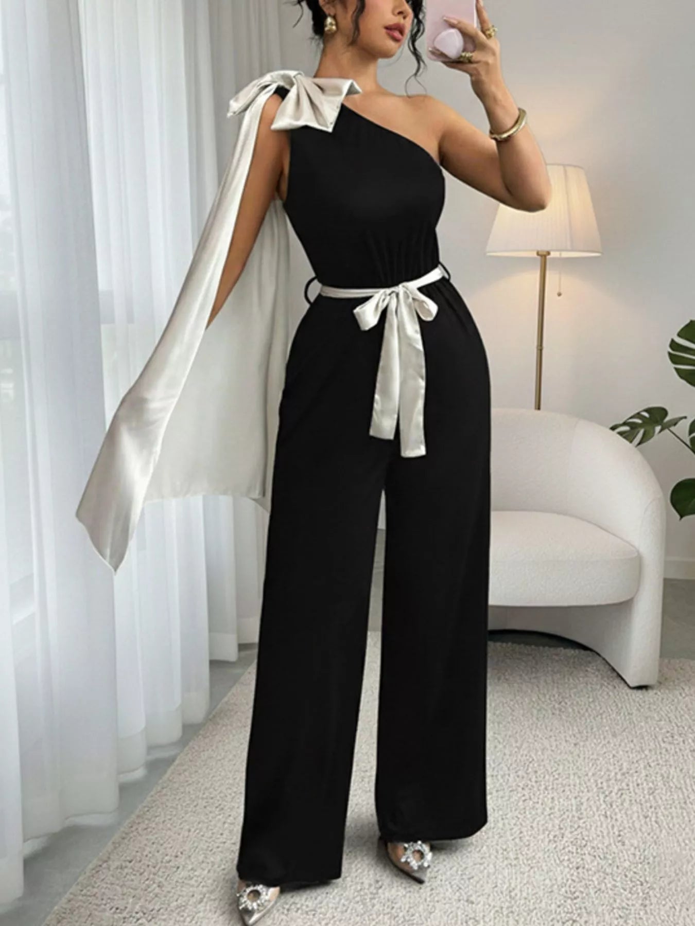 One-Shoulder Bowknot Wide Leg Jumpsuit OutfitFlow