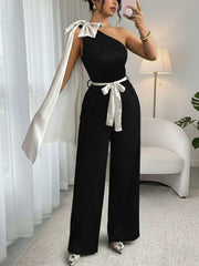 One-Shoulder Bowknot Wide Leg Jumpsuit OutfitFlow