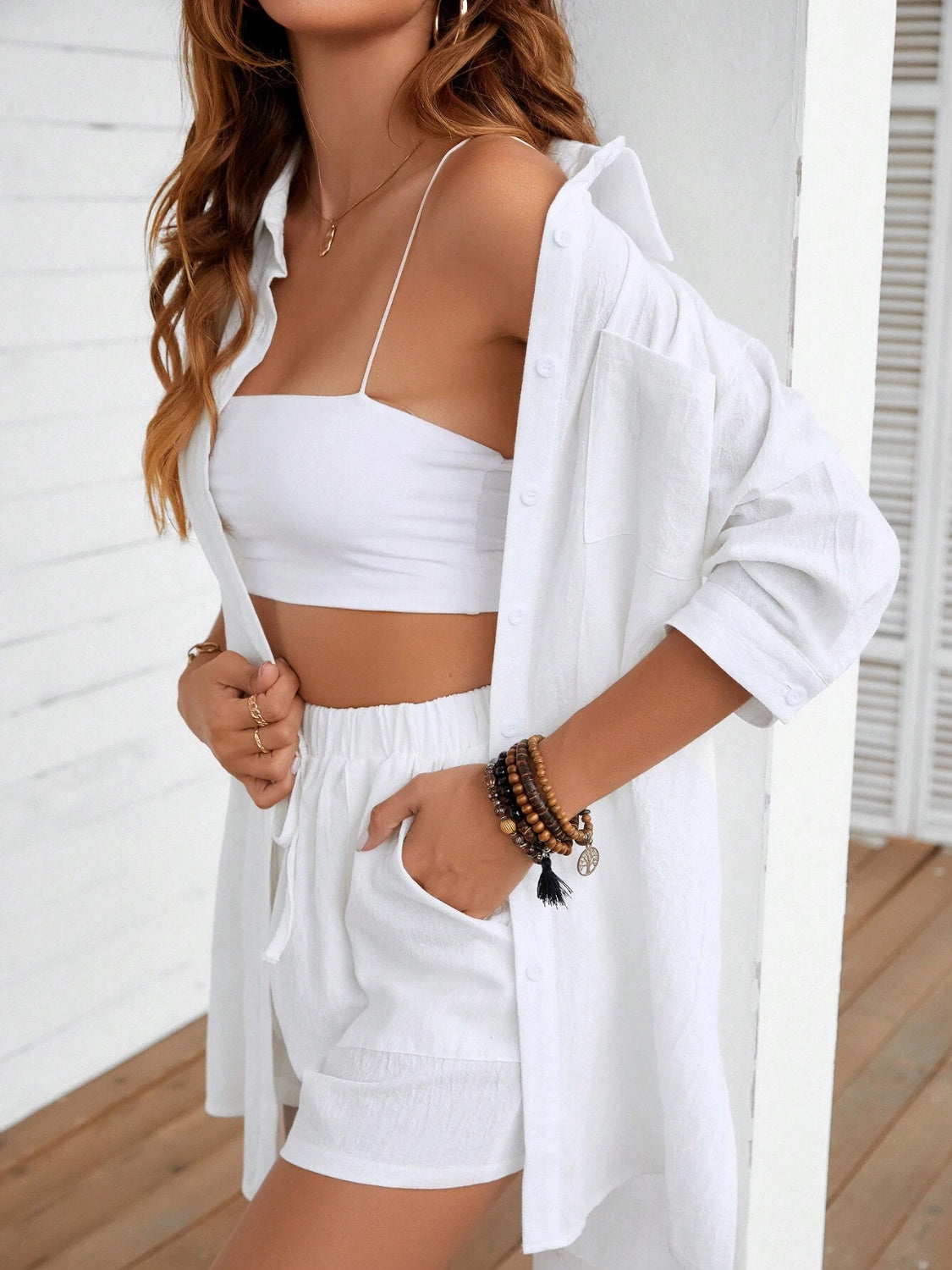 Outfit Flow - Dropped Shoulder Button Up Shirt and Shorts Set