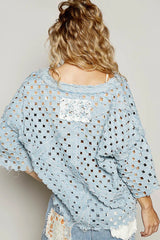 POL V-Neck Short Sleeve Top with Laser Cut Detail OutfitFlow