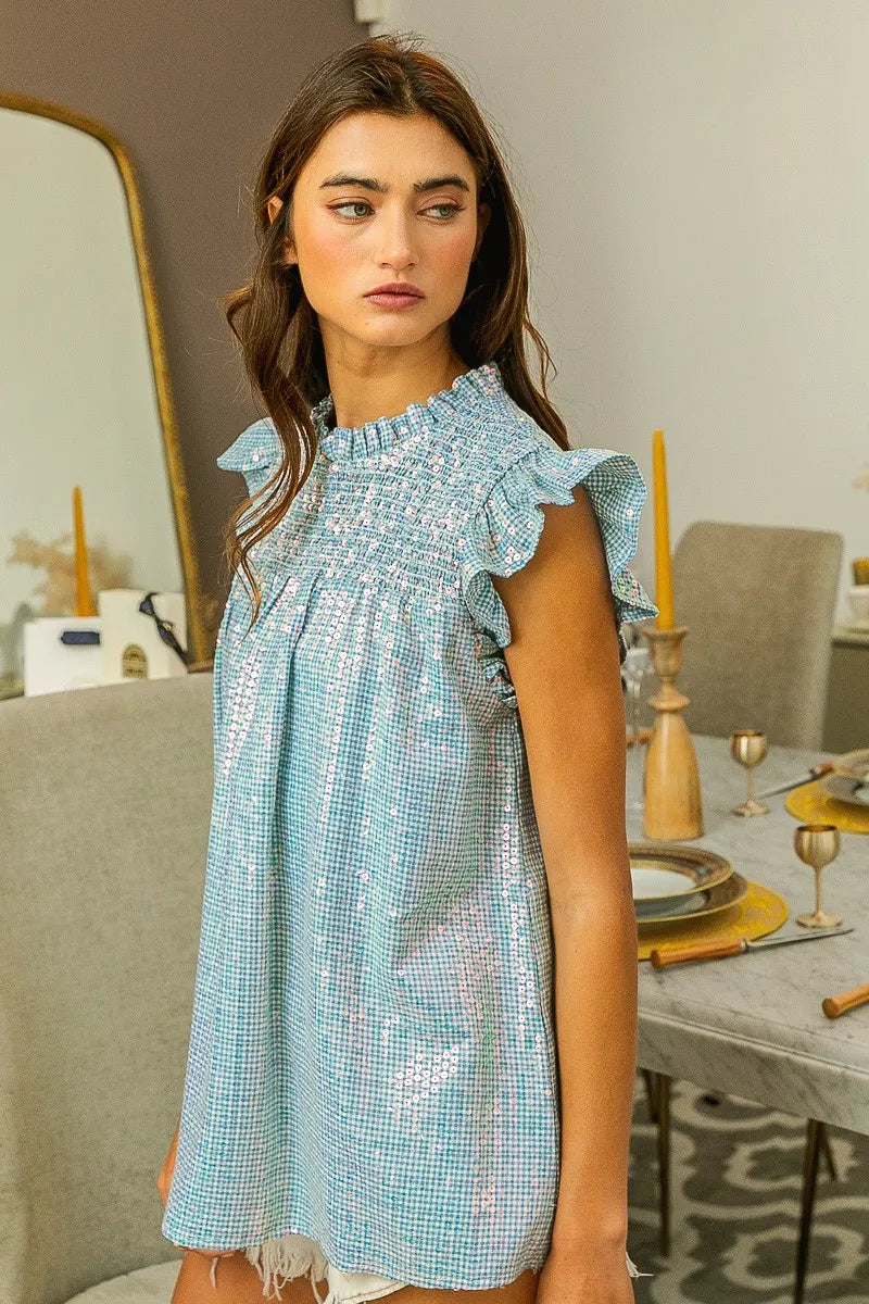 BiBi Clear Sequin All-over Gingham Smocked Top OutfitFlow