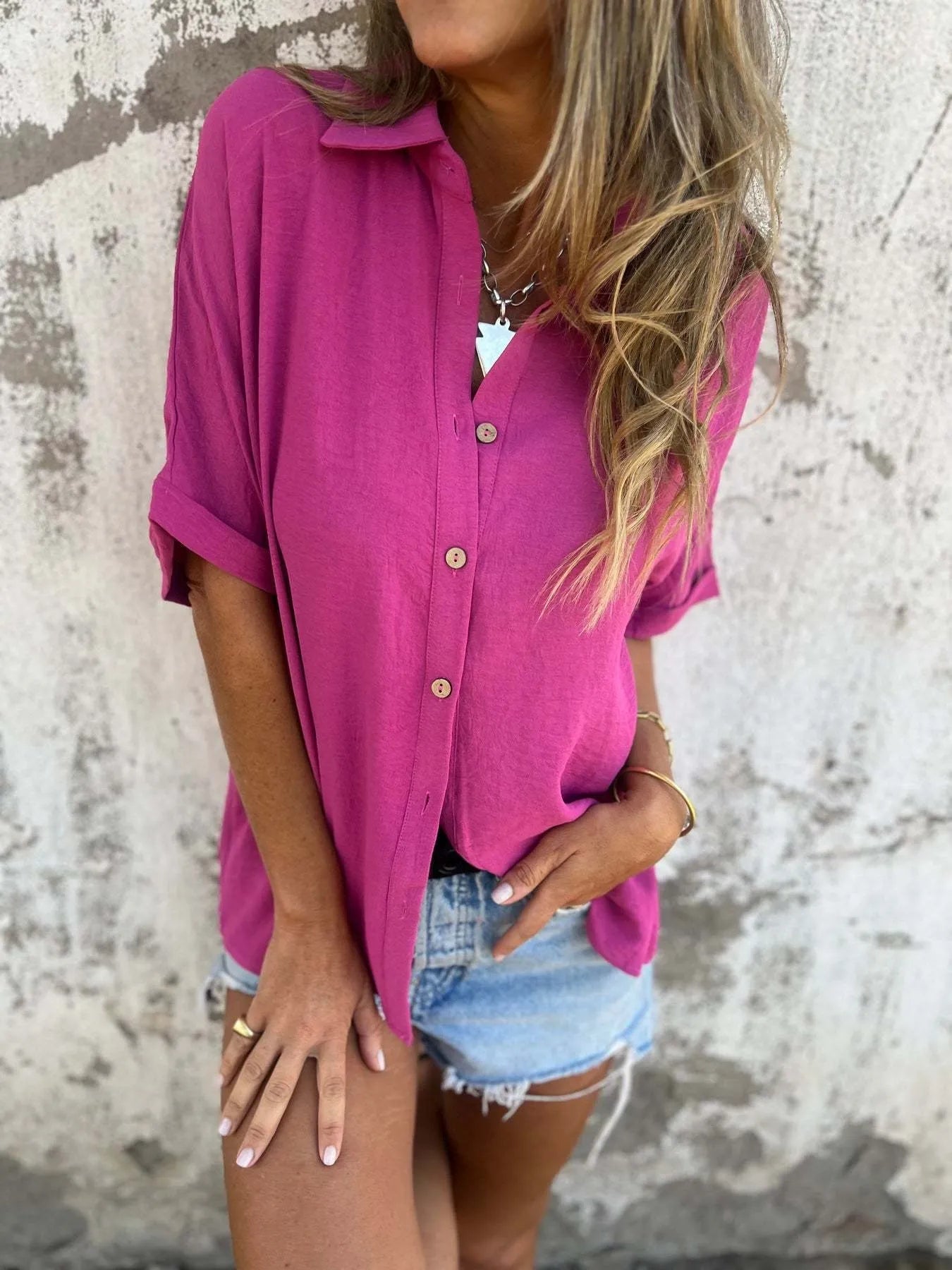 Full Size Casual Button Down Short Sleeve Loose Shirt Plus Size Rose Red OutfitFlow