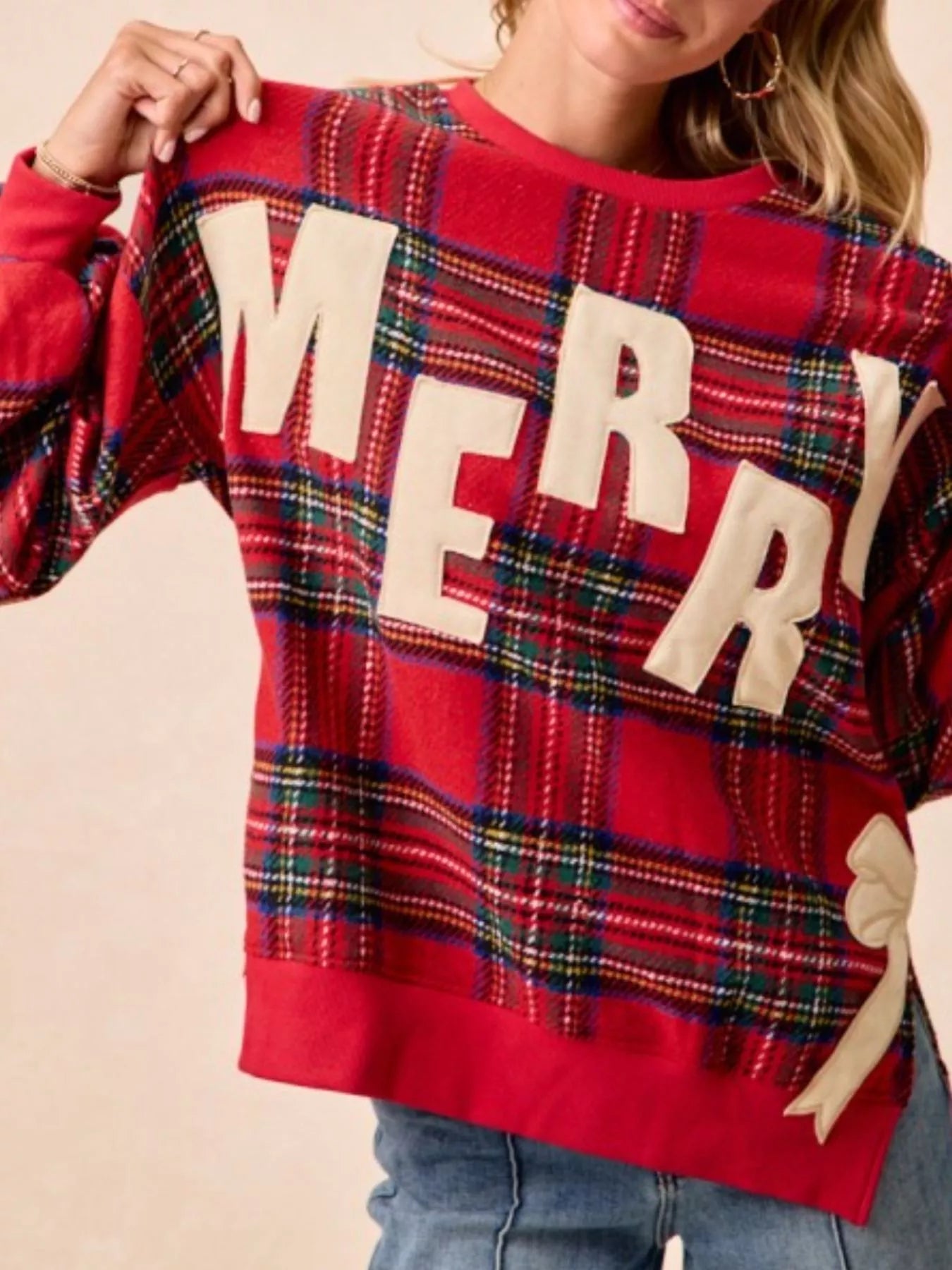 MERRY Bow Slit Crew Neck Christmas Sweatshirt OutfitFlow