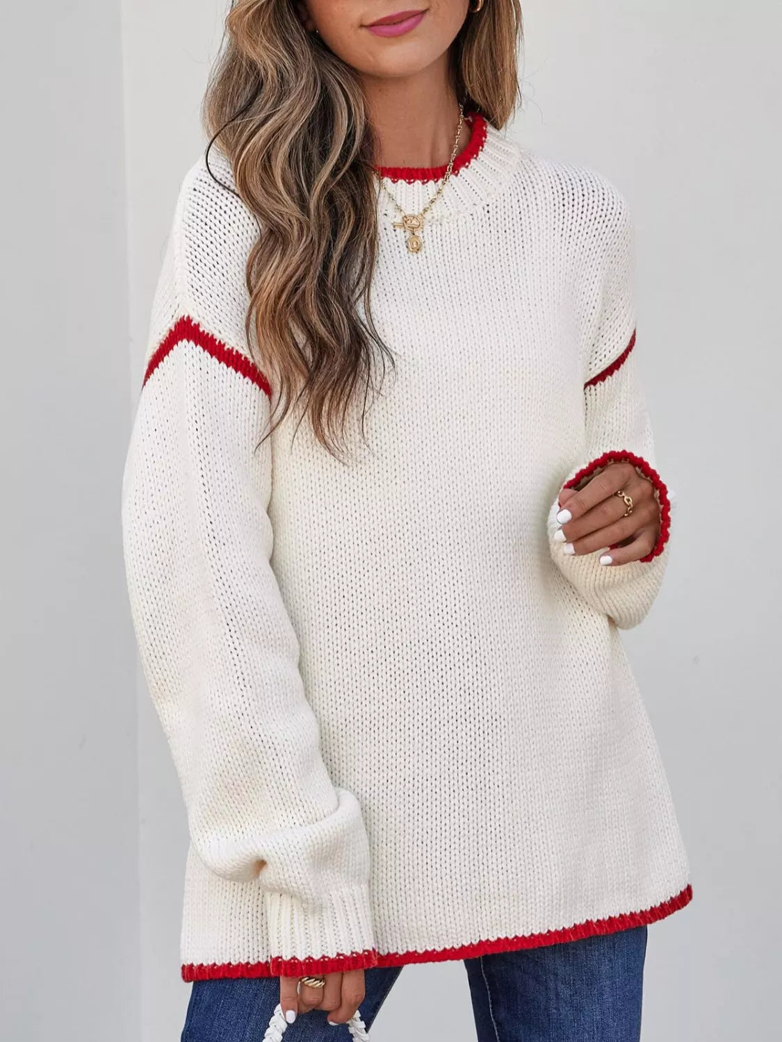 Contrast Trim Round Neck Sweater OutfitFlow