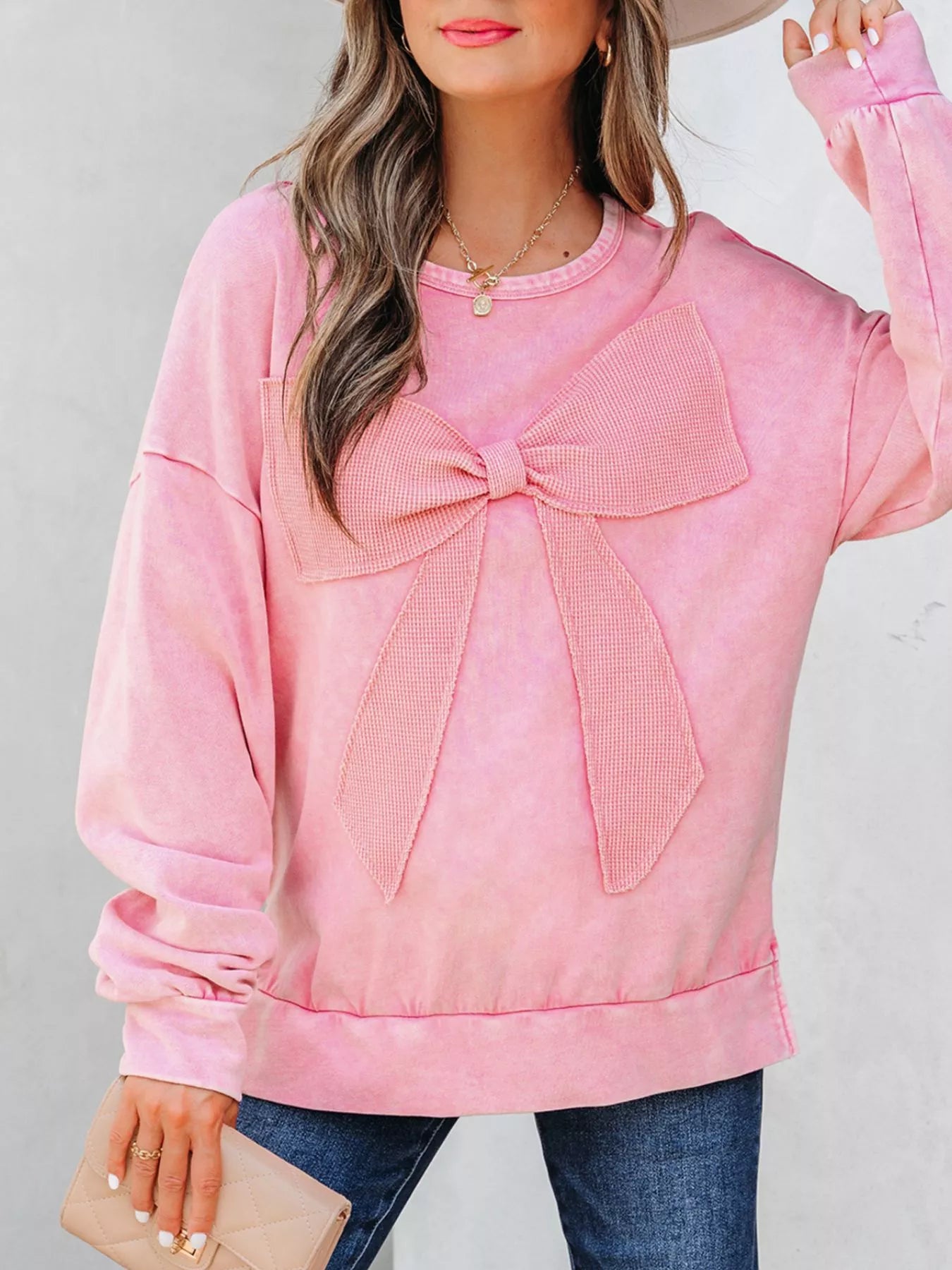 Mineral Wash Bow Patchwork Sweatshirt OutfitFlow