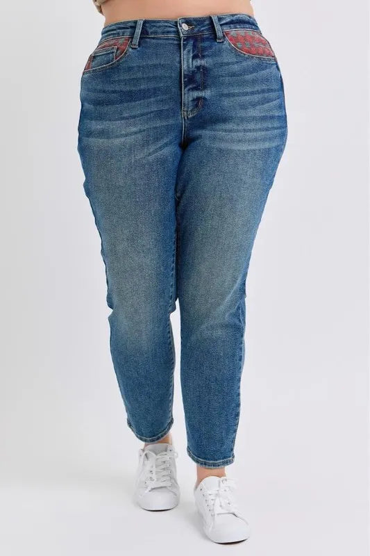 Judy Blue Full Size HW Plaid Patch Slim Fit Jeans Plus Size OutfitFlow
