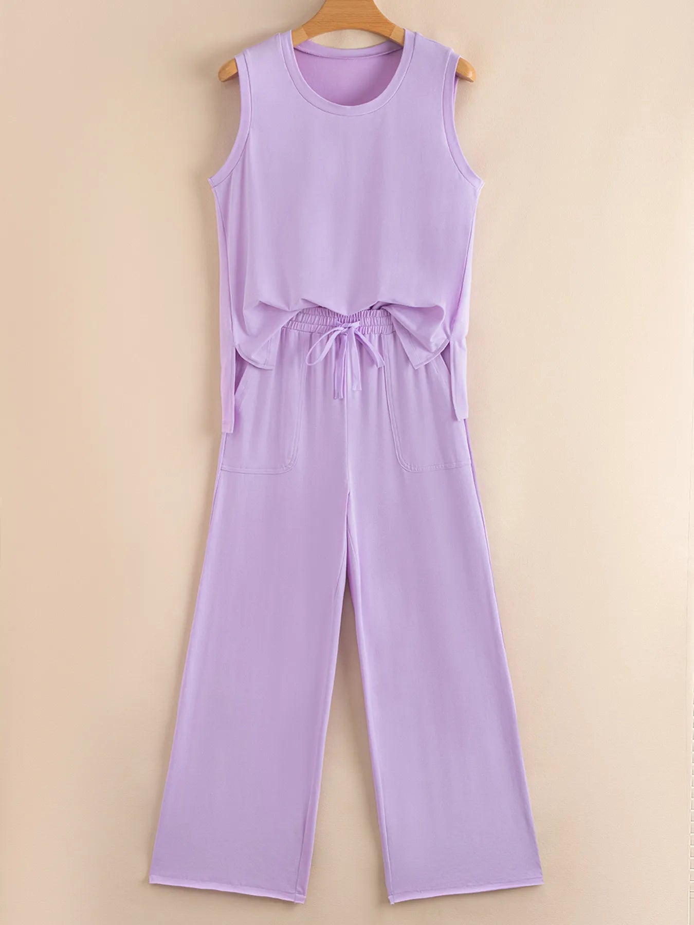 Mineral Wash Casual Round Neck Tank and Loose Drawstring Pants Set OutfitFlow