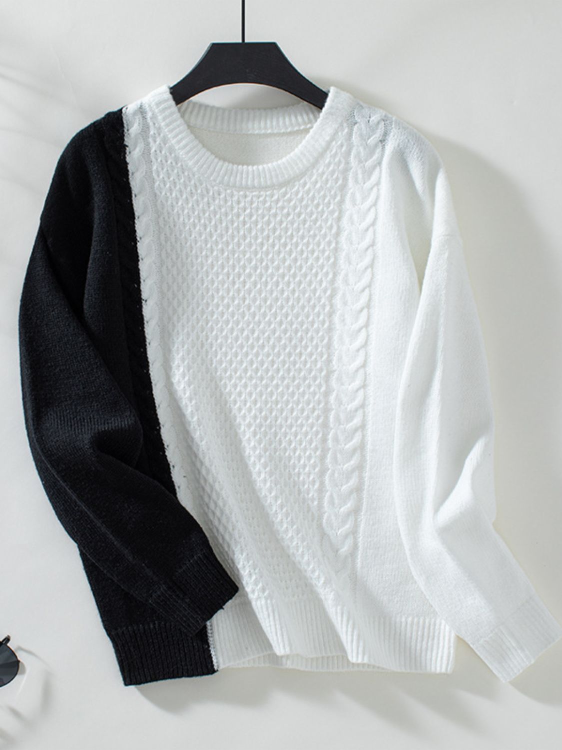 Outfit Flow - Two Tone Cable Knit Round Neck Long Sleeve Sweater