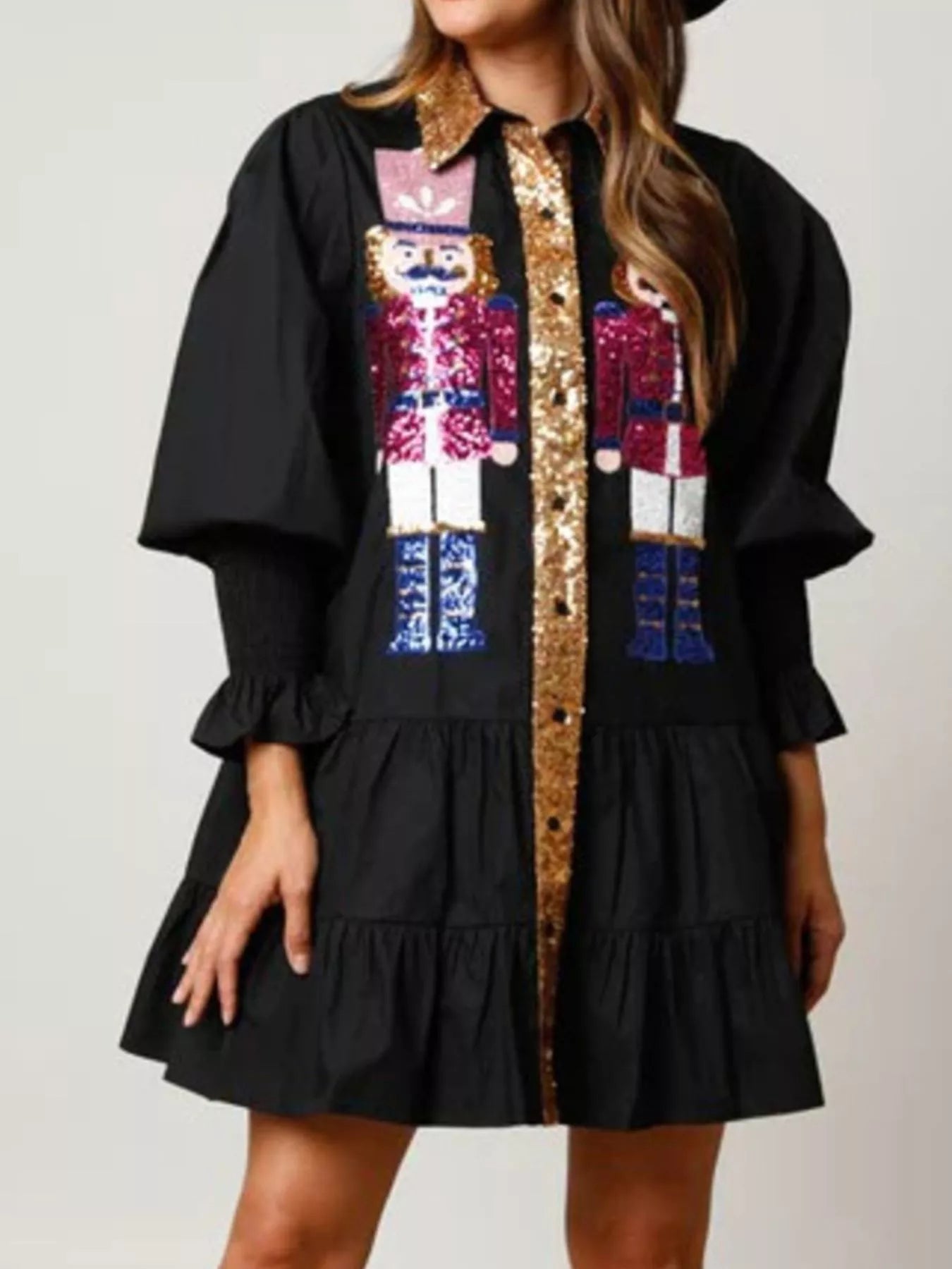 Full Size Christmas Sequin Nutcracker Tiered Shirt Dress Plus Size OutfitFlow