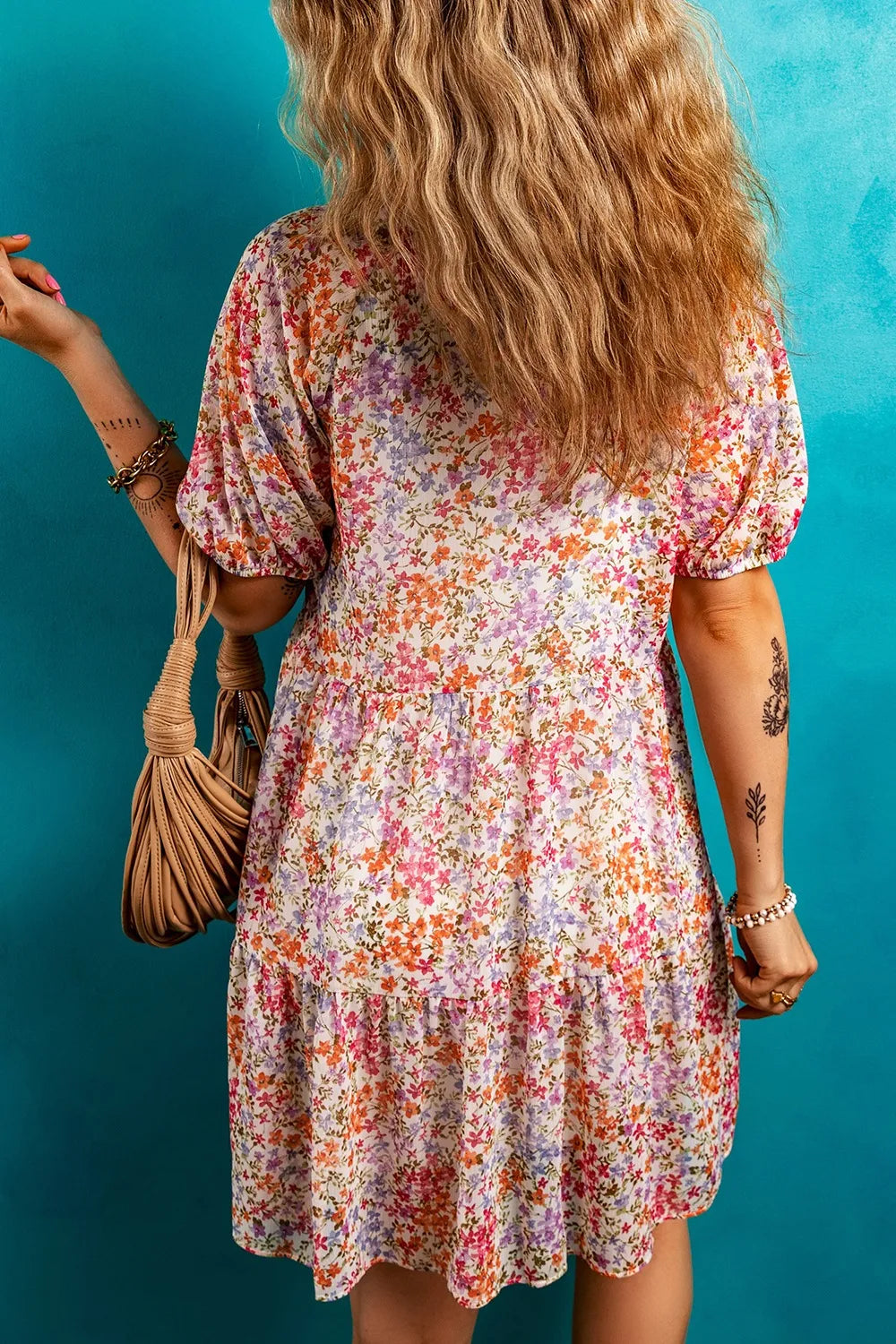 Floral Puff Sleeve Notched Tiered Mini Dress OutfitFlow