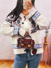 Geometric Pattern Button Up Long Sleeve Cardigan OutfitFlow
