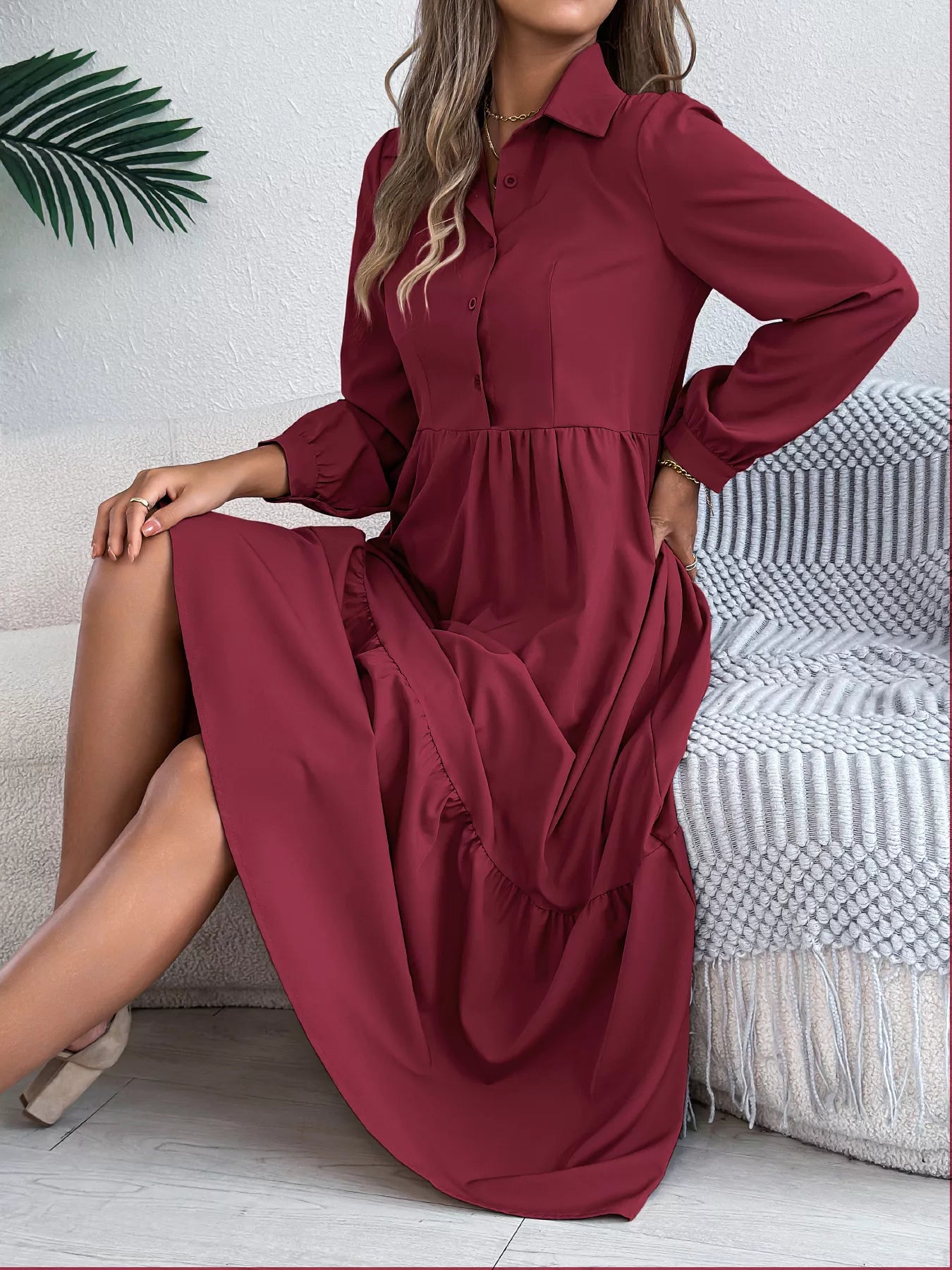 Long Sleeve Tiered Button Front Midi Dress OutfitFlow