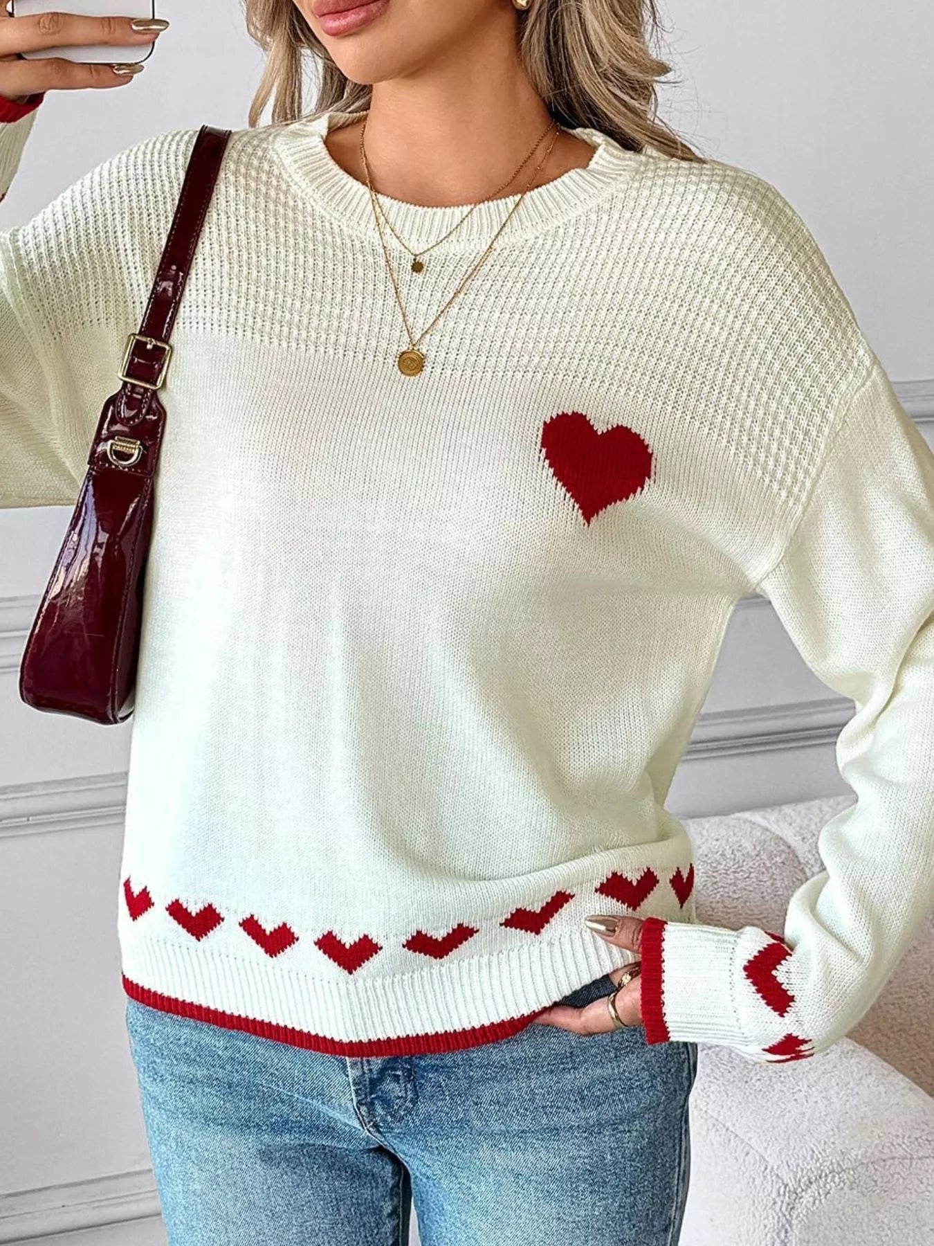 Heart Pattern Dropped Shoulder Sweater OutfitFlow