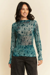 Davi & Dani Floral Mesh Long Sleeve Sheer Layering Top OutfitFlow