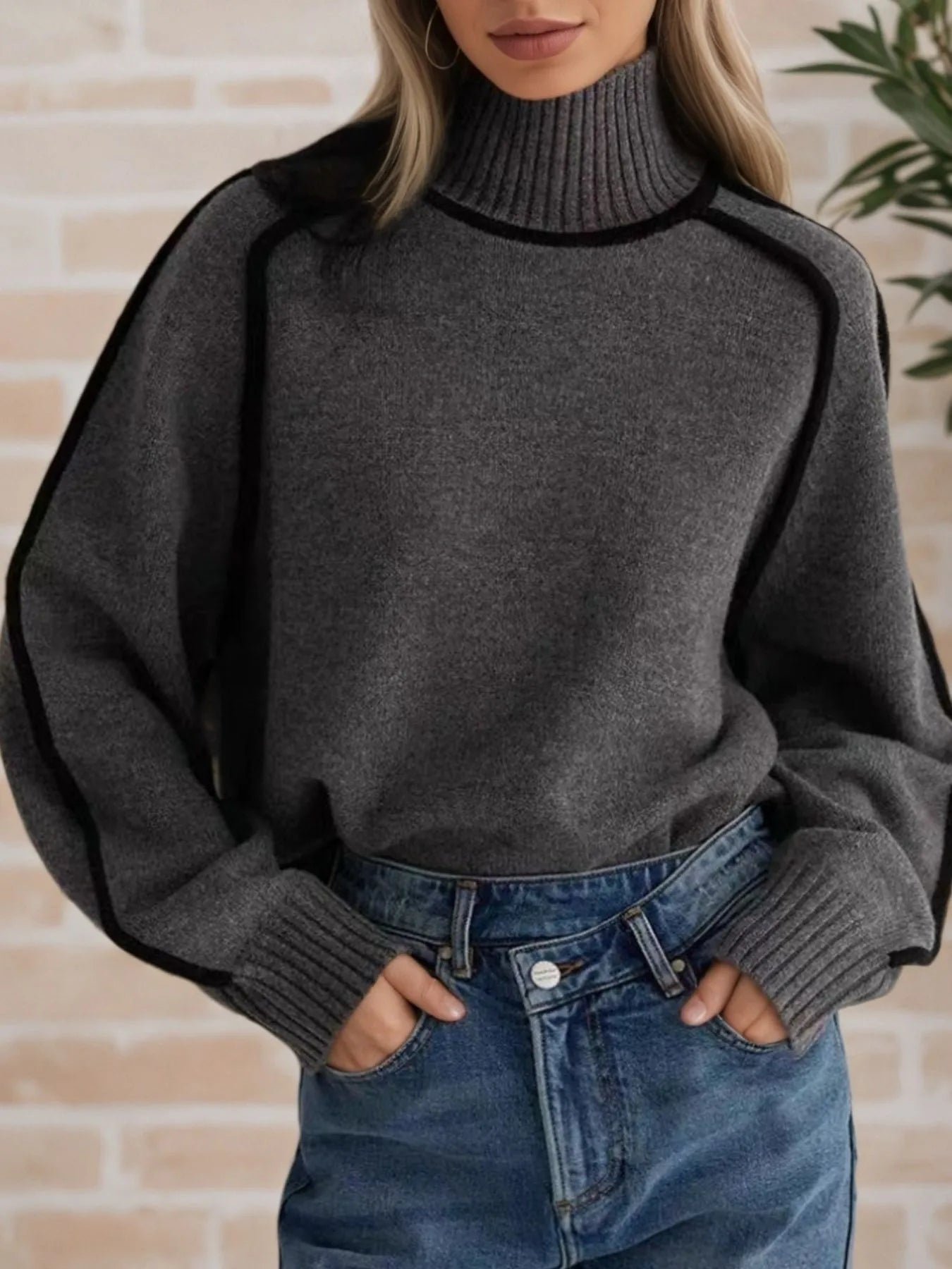Contrast Trim Turtleneck Sweater OutfitFlow