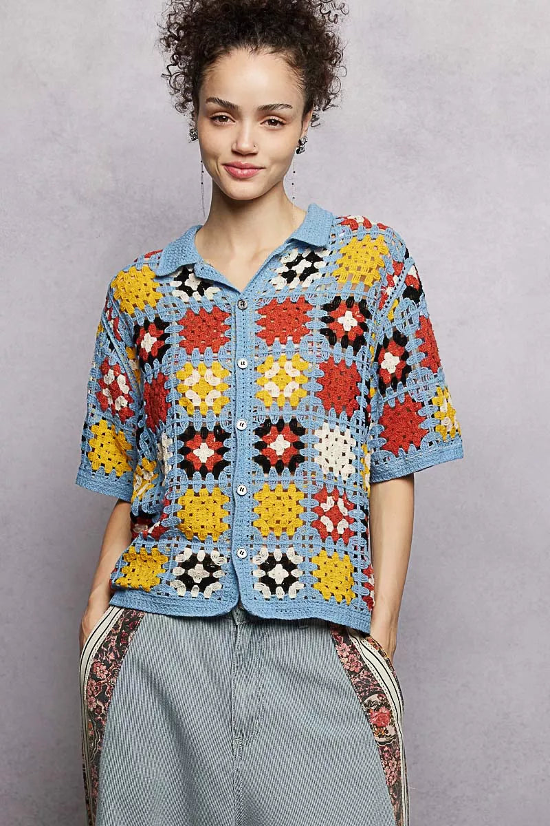POL Crochet Short Sleeve Relaxed Fit Shirt SKY MULTI One Size Trendsi