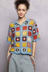 POL Crochet Short Sleeve Relaxed Fit Shirt SKY MULTI One Size Trendsi