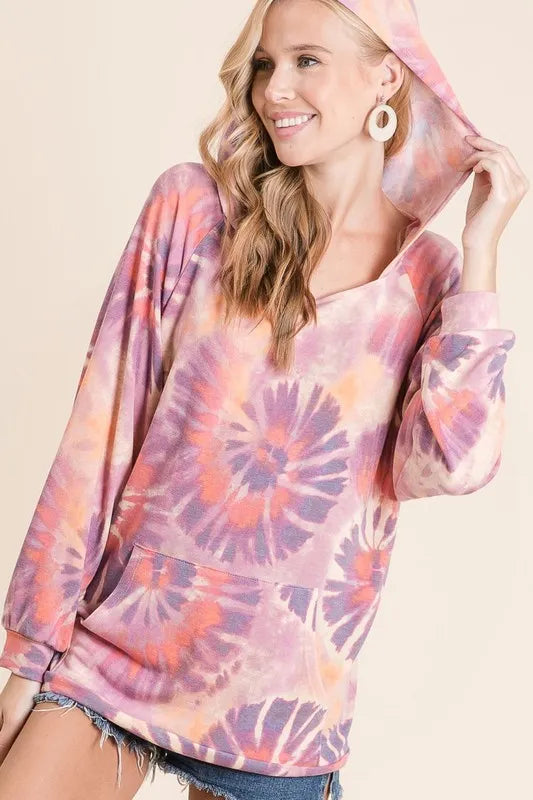 BiBi Circular Tie Dye Print Terry Hoodie with Kangaroo OutfitFlow