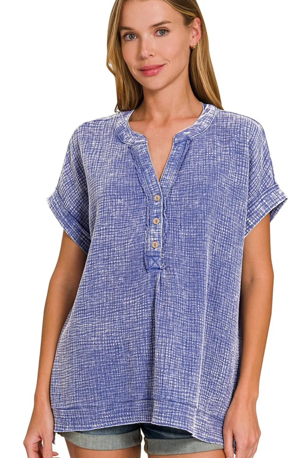 Zenana Washed Double Gauze 3/4 Button Henley Neck Shirt OutfitFlow