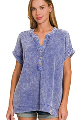 Zenana Washed Double Gauze 3/4 Button Henley Neck Shirt OutfitFlow