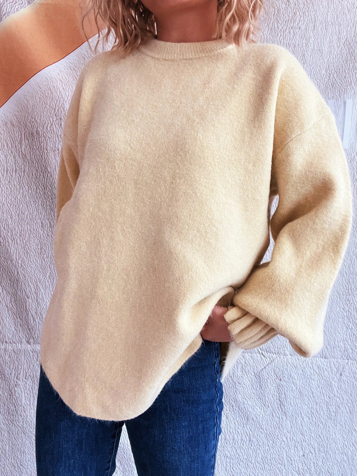 Round Neck Dropped Shoulder Sweater OutfitFlow
