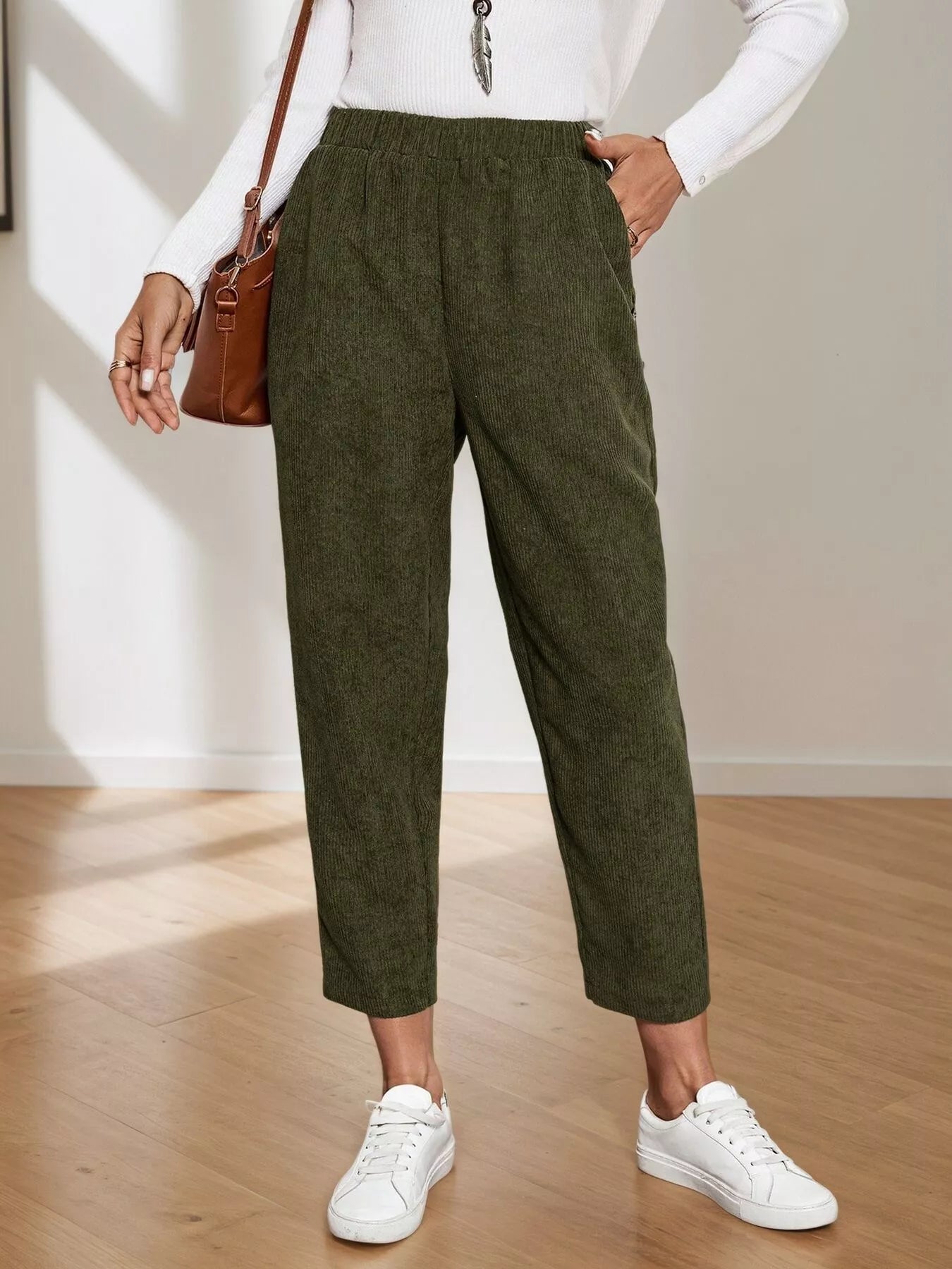 Corduroy Elastic Waist Cropped Pants Green Trendsi
