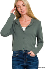 Zenana Button-Front Crewneck Long Sleeve Cropped Cardigan OutfitFlow