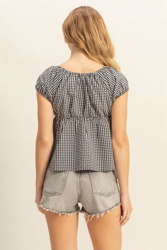 HYFVE Gingham Scoop Neck Cap Sleeve Blouse OutfitFlow