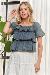 ADORA Washed Denim Layered Ruffle Blouse OutfitFlow