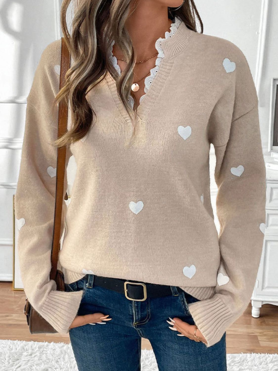 Outfit Flow - Perfee Lace Detail Notched Long Sleeve Sweater