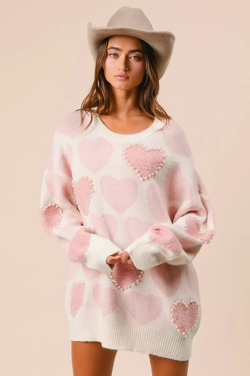 BiBi Heart Pattern Sweater with Pearl Detail OutfitFlow