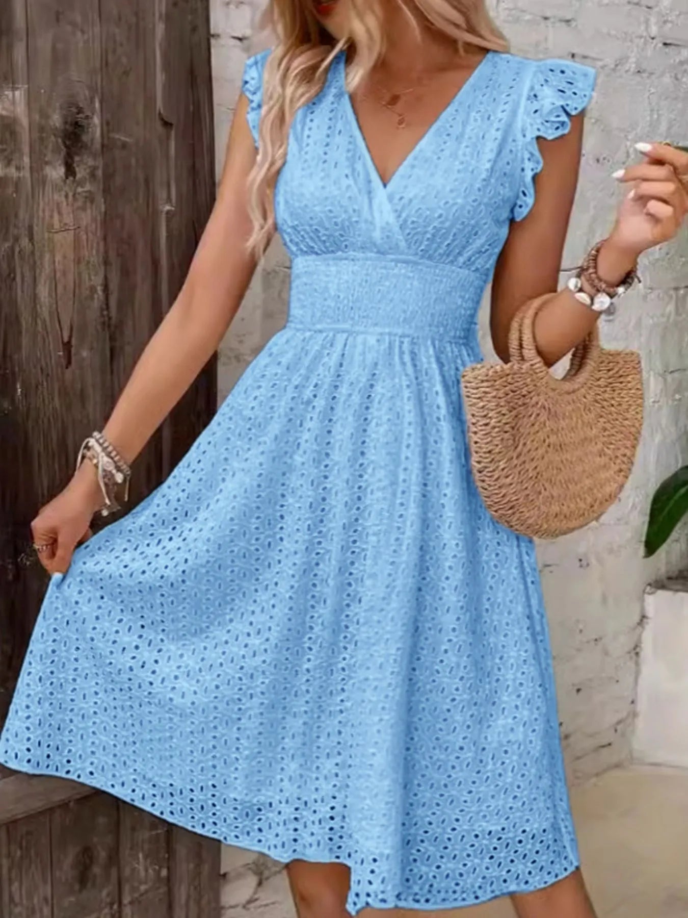 Eyelet Ruffled Cap Sleeve Mini Dress OutfitFlow