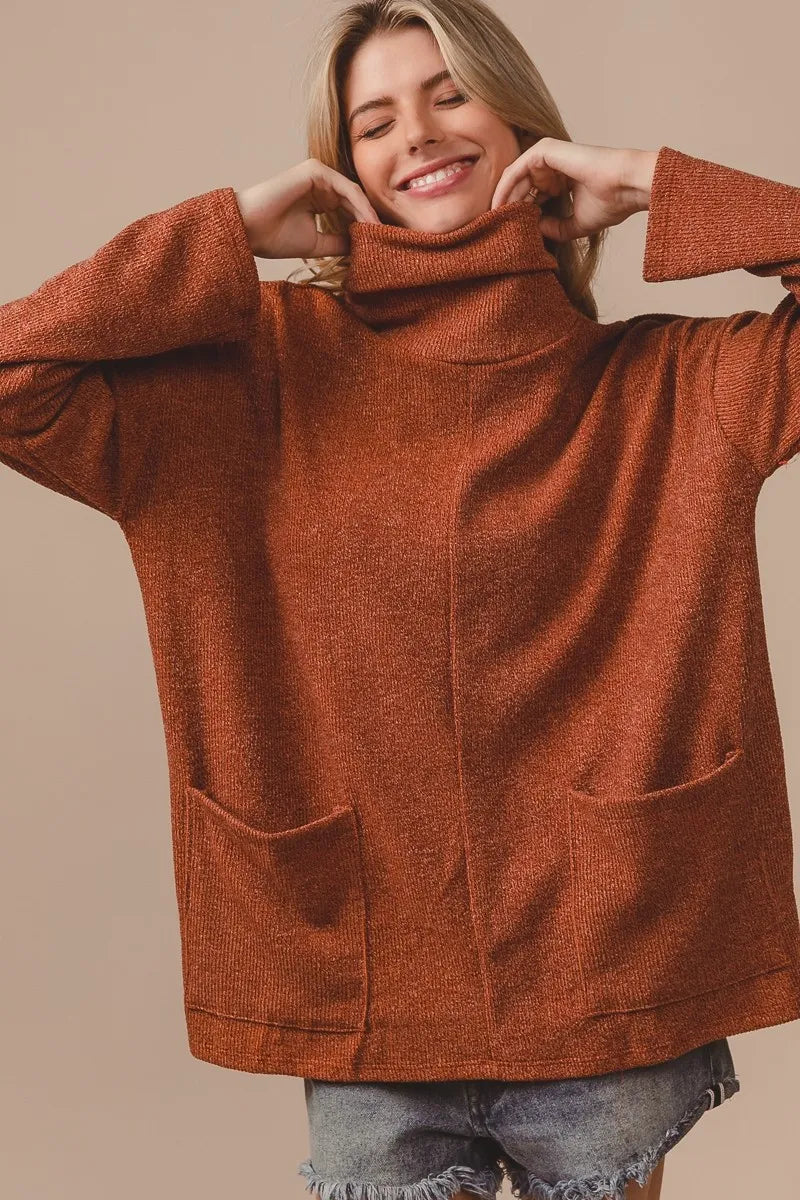 BiBi Piper Rib Double Pocket Turtle Neck Sweater OutfitFlow