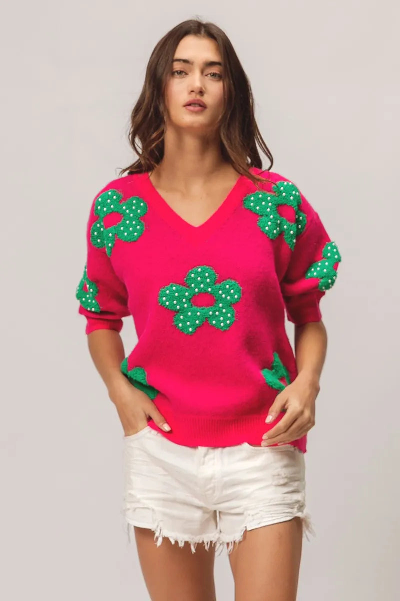 BiBi Pearl Beads Flowers Sweater Top OutfitFlow