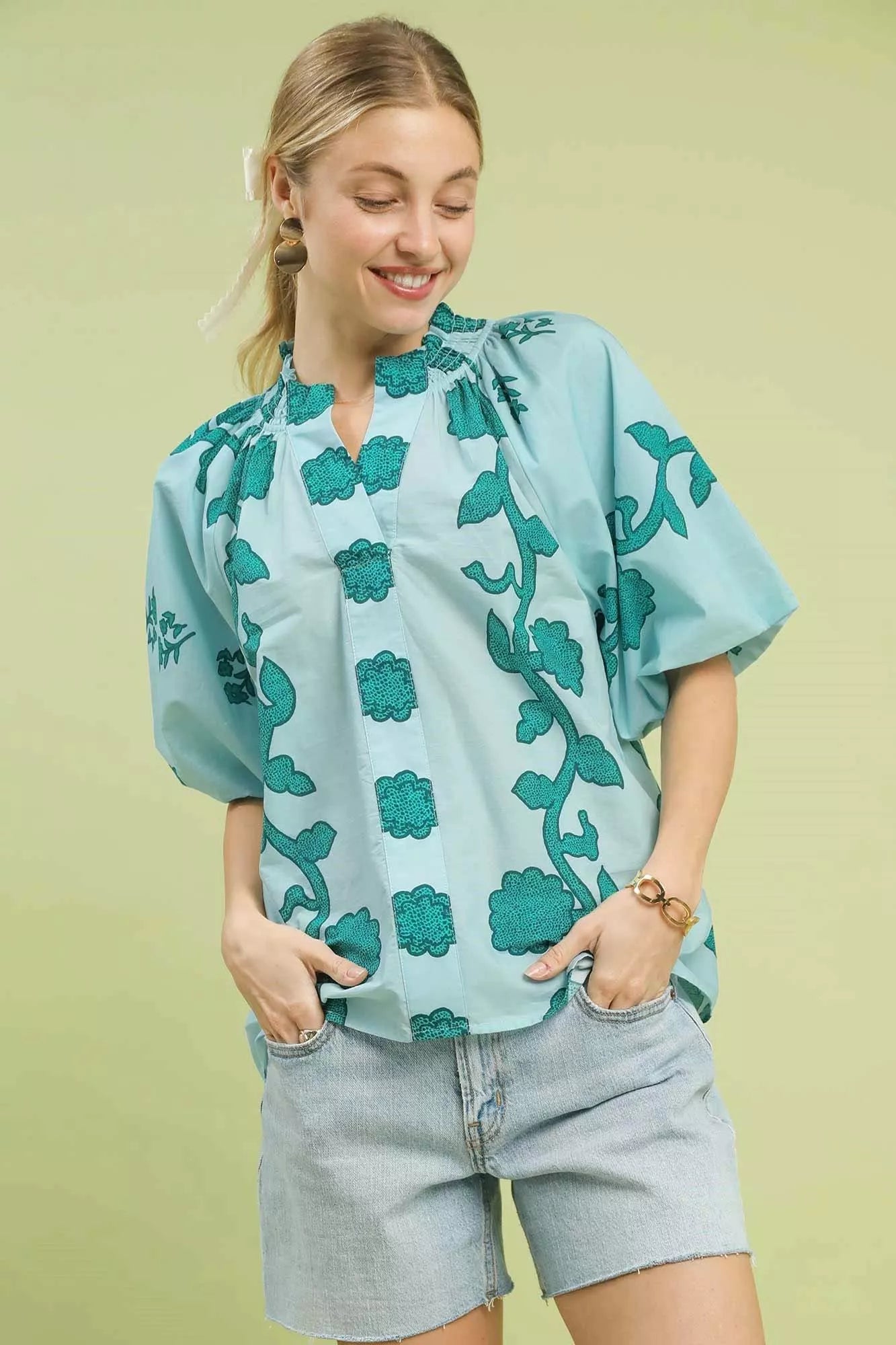 Umgee Floral Smocked Notched Puff Sleeve Blouse TEAL OutfitFlow