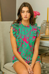 BiBi Leopard Leaves Print Woven Top OutfitFlow