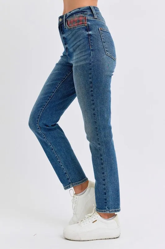 Judy Blue Full Size HW Plaid Patch Slim Fit Jeans Plus Size OutfitFlow