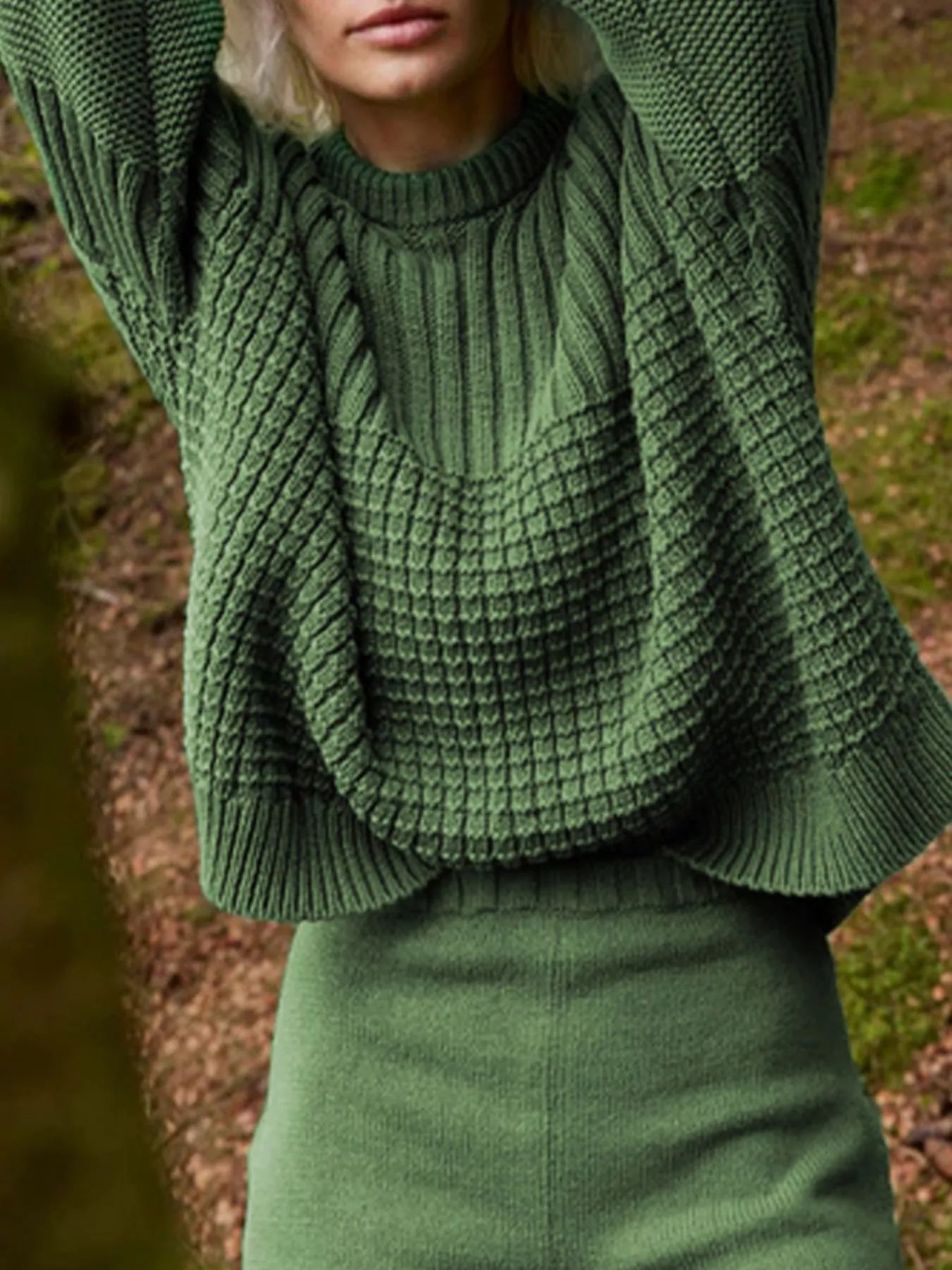 Textured Knit Round Neck Sweater OutfitFlow