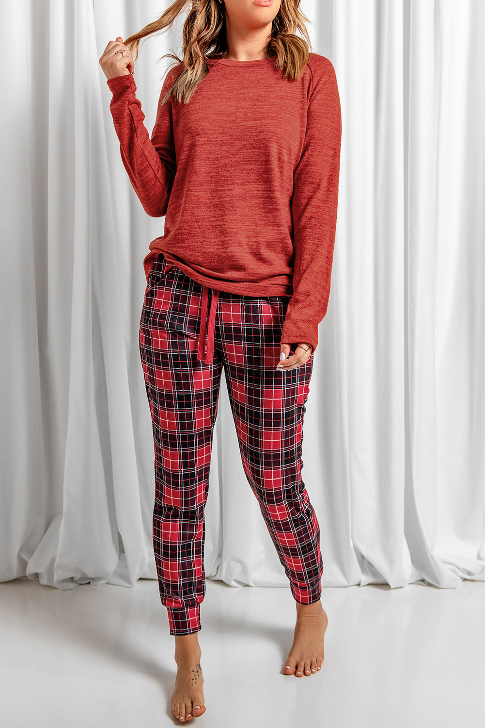 Outfit Flow - Round Neck Top and Drawstring Plaid Pants Lounge Set