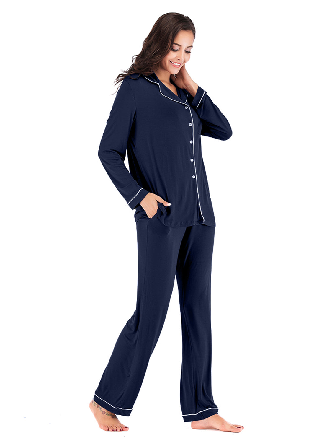 Outfit Flow - Collared Neck Long Sleeve Loungewear Set with Pockets