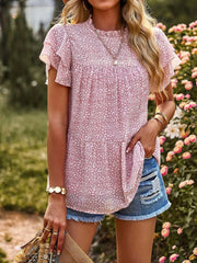 Printed Ruffle Sleeve Babydoll Blouse OutfitFlow